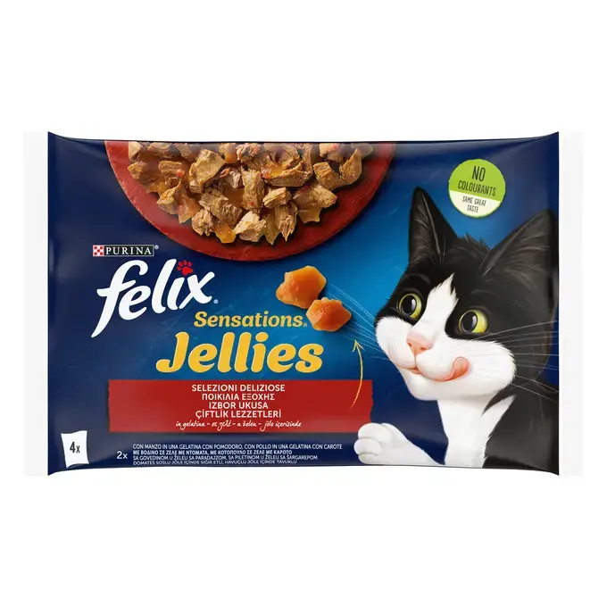 PURINA Felix Sensations Jellies Izbor Ukusa (sa govedinom i paradajzom / sa piletinom i šargarepom) 4x85g (340g)