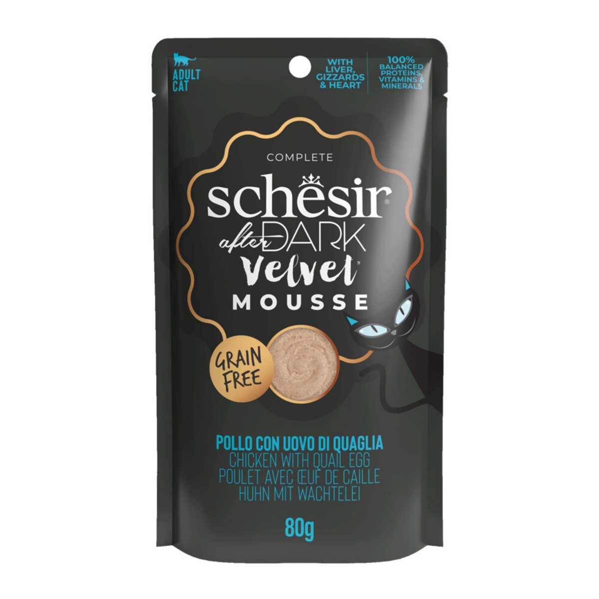 Schesir After Dark Velvet Mousse za mačke sa piletinom i prepeličjim jajetom 12x80g