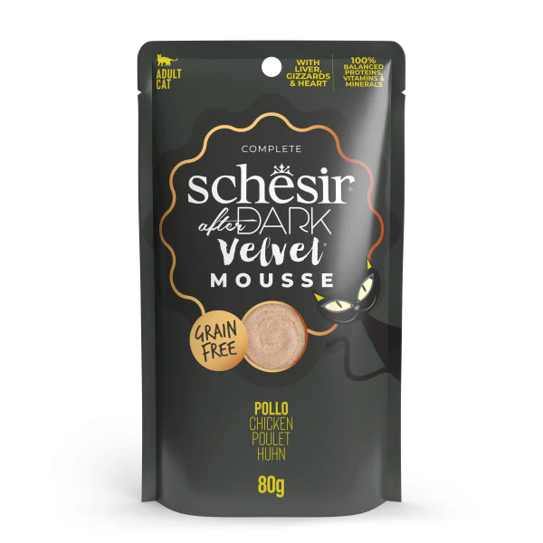 Schesir After Dark Velvet Mousse Chicken sa džigericom, želucem i srcem za mačke 960g (12 x 80g)